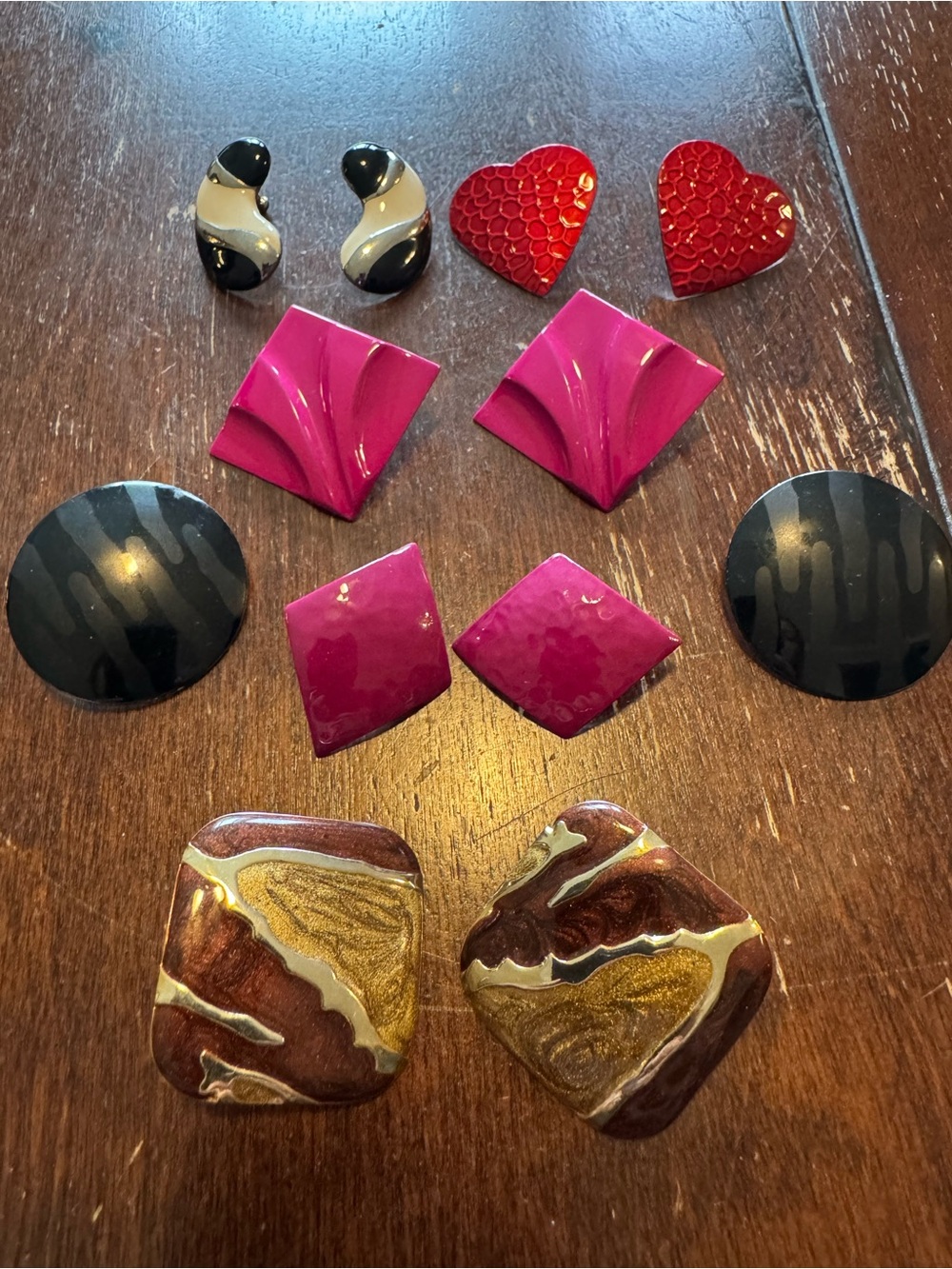 Vintage Mixed Colour Metal Statement Earring Set - Pink, Red, Black, Gold, Cream